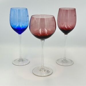 3 Lenox Tuscany Seasons Swirl Dots Crystal Wine Glasses Cobalt Blue & Amethyst